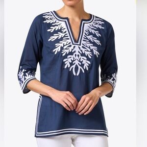 GRETCHEN SCOTT DESIGNS Navy Reef Embroidered Cotton Tunic size Large